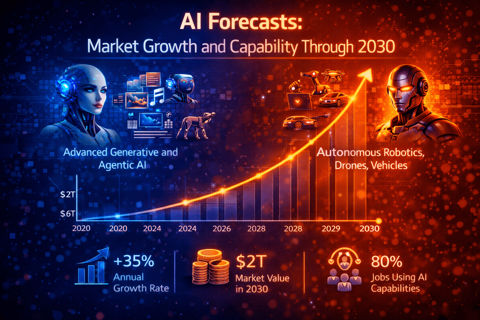 Projection chart showing AI market growth and capability forecasts through 2030