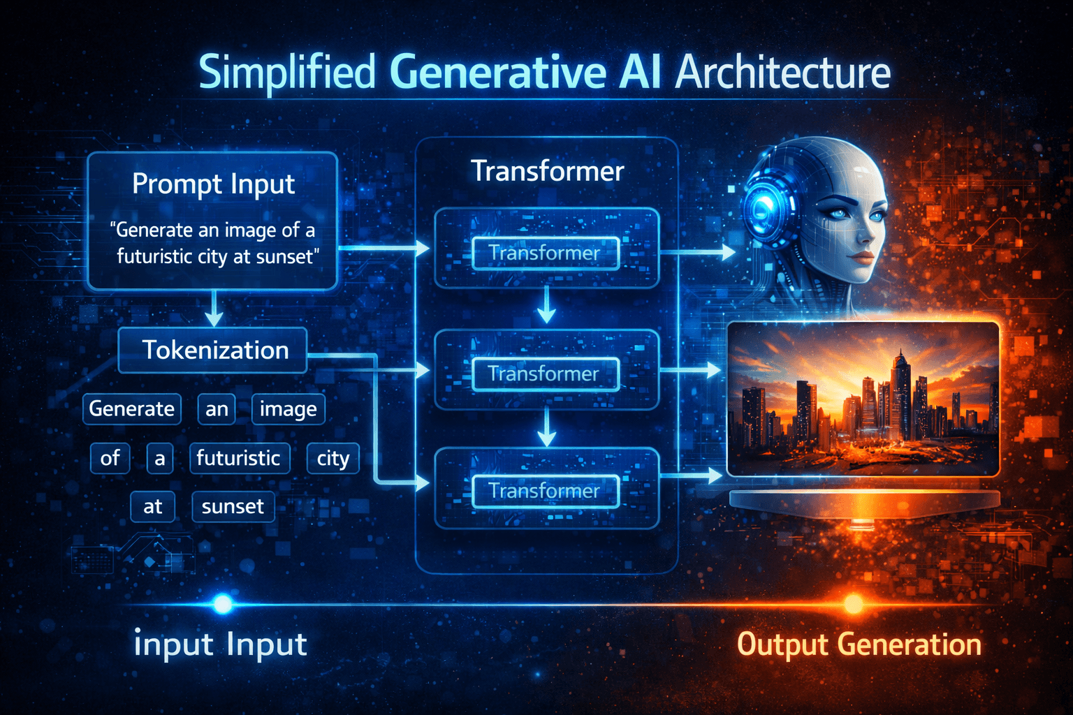 Simplified diagram of generative AI architecture showing prompt input, tokenization, transformer layers, and output generation