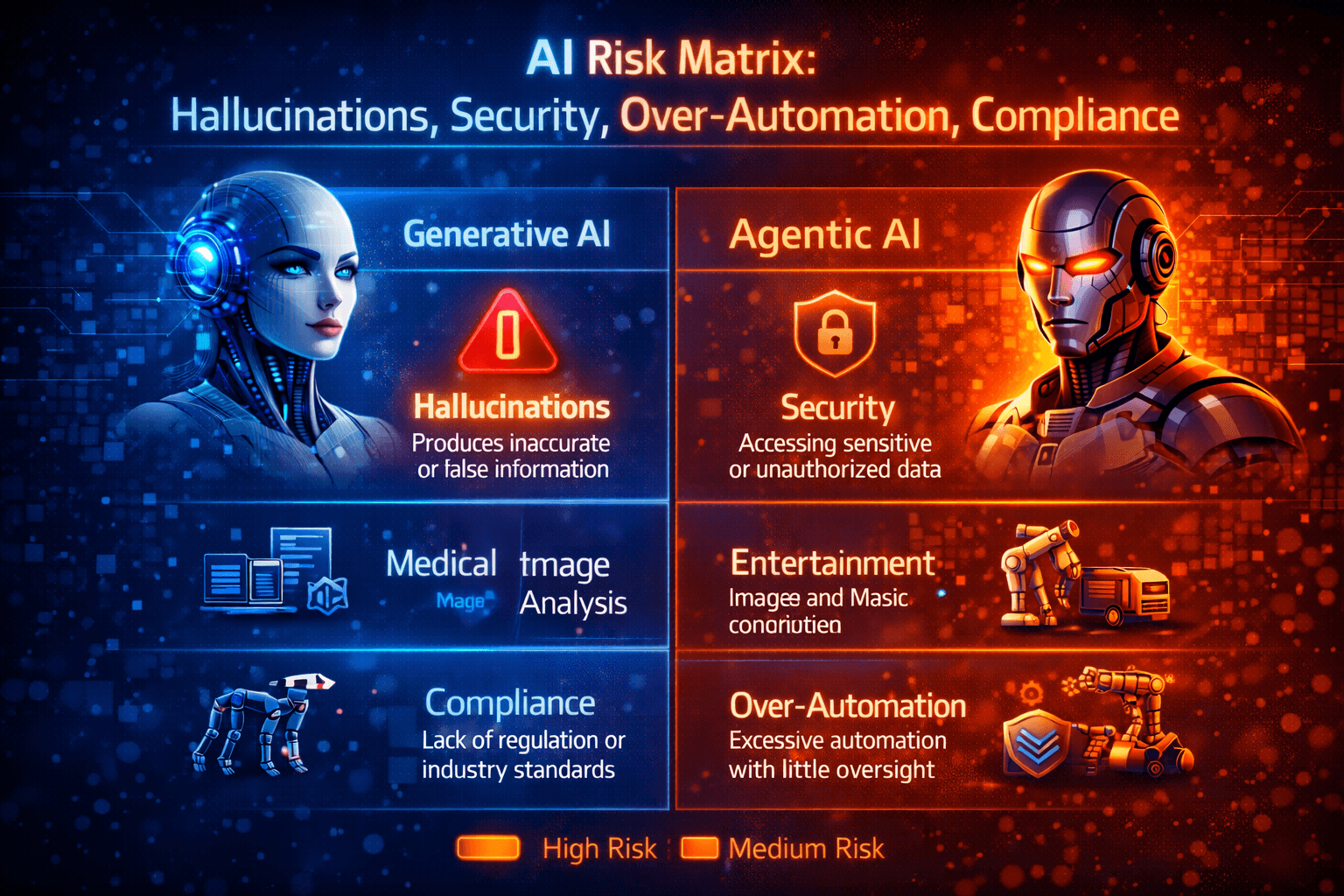 Risk matrix showing hallucinations, security, over-automation, and compliance concerns