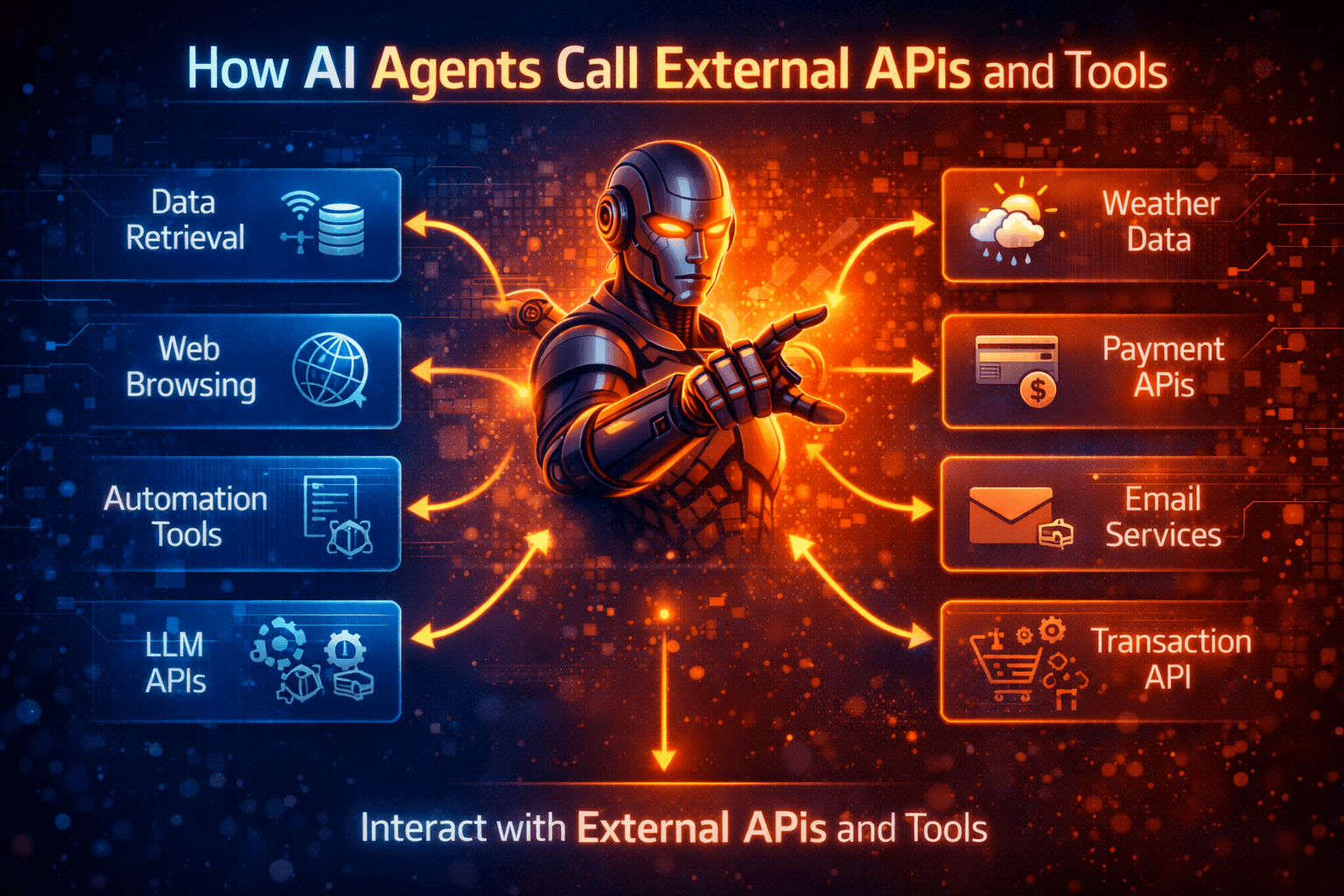Diagram showing how AI agents call external APIs and tools